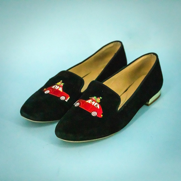 Talbots Size 8.5 Ryan Black Velvet Christmas Car Tree Embroidered Loafers Flats - Picture 1 of 10